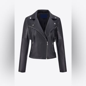 Zip Up Fringe Trim PU Leather Jacket